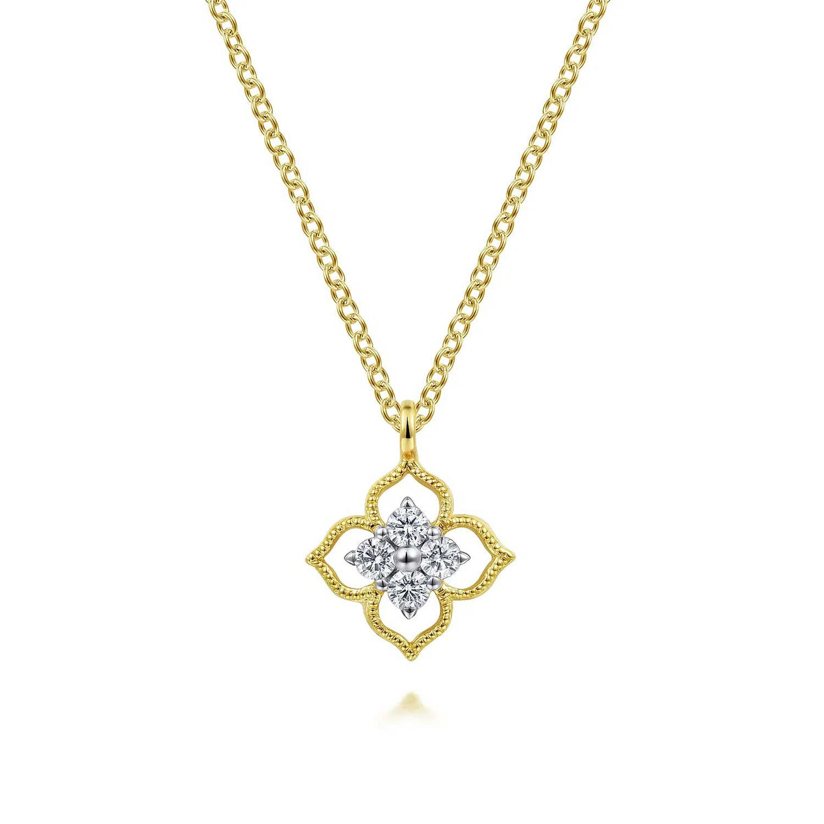 Round Diamond Clover Shaped Beaded Pendant Necklace in Yellow Gold, 0.04 cttw