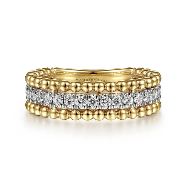 White and Yellow Gold Three Row Diamond and Bujukan Bead Ring