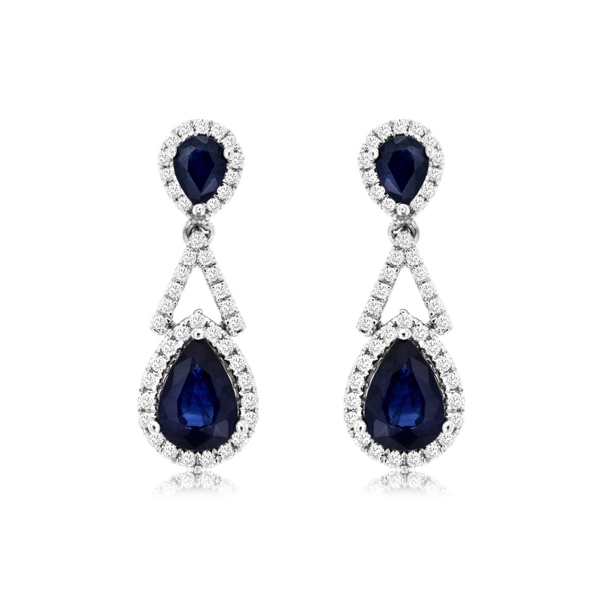Pear-Shaped Sapphire and Diamond Halo Dangle Drop Earrings in White Gold