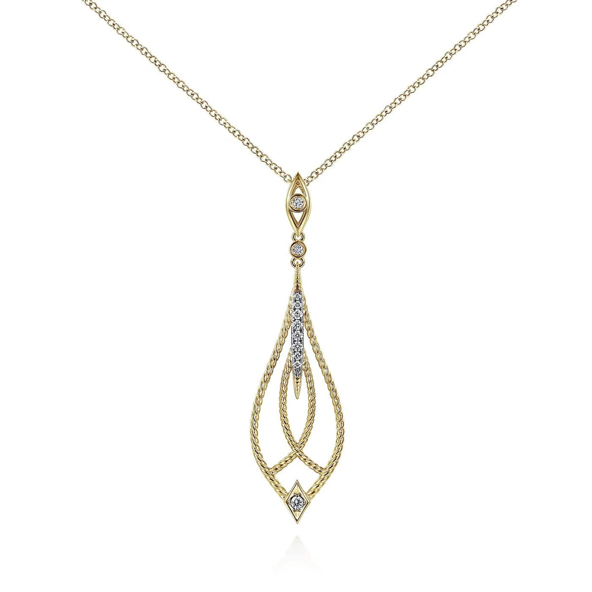 Vintage Inspired Diamond Twist Pear Shaped Pendant Necklace in Yellow Gold, 0.16 cttw