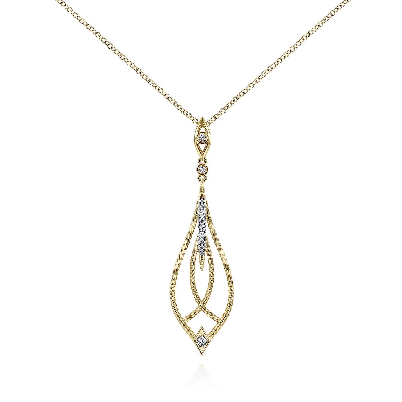 Vintage Inspired Diamond Twist Pear Shaped Pendant Necklace in Yellow Gold, 0.16 cttw