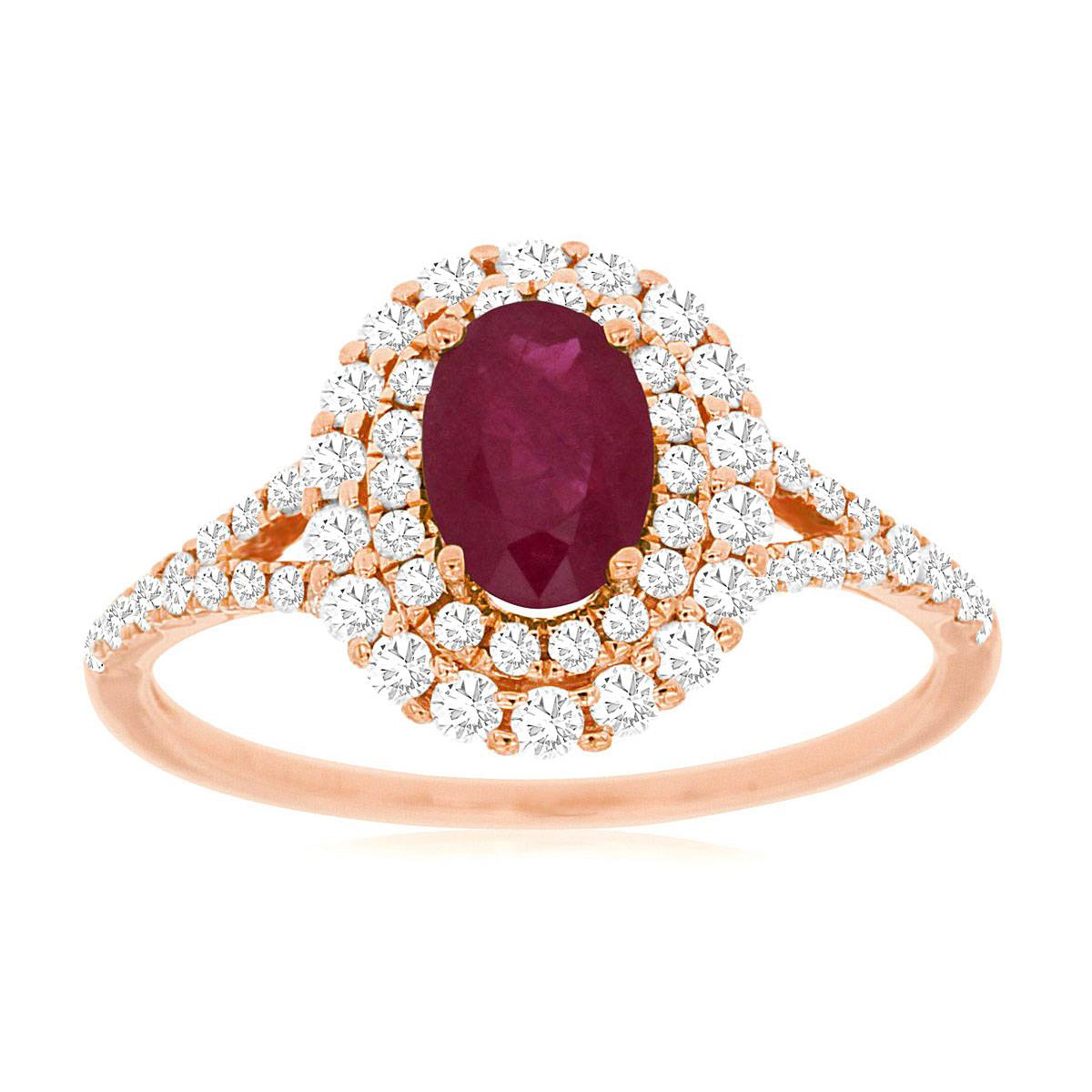 Natural Red Oval Ruby Double Diamond Halo Ring in Rose Gold