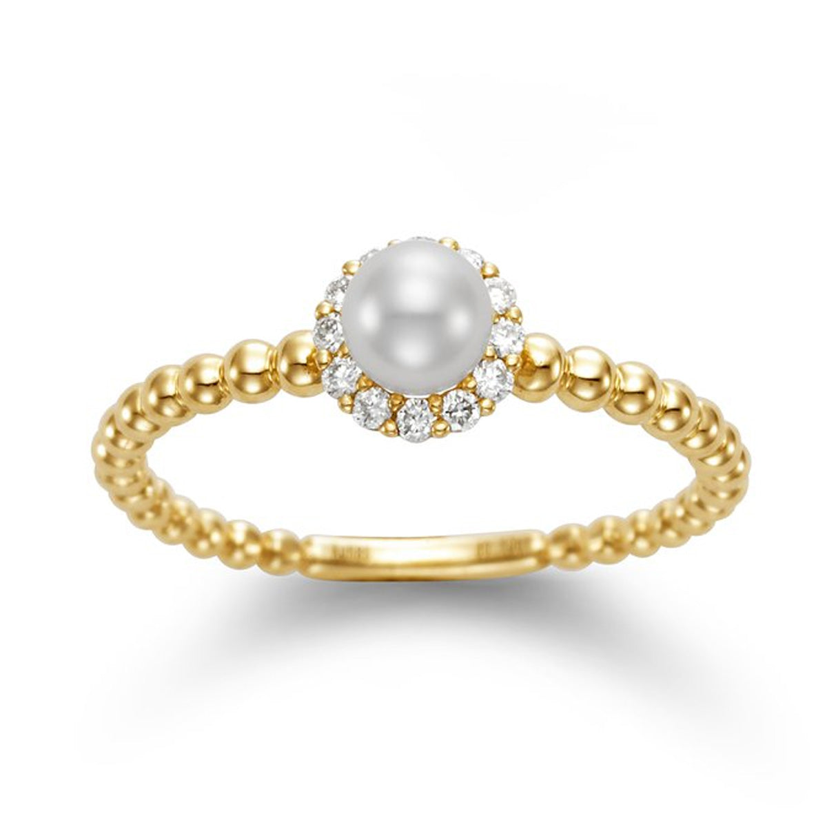 White Freshwater Pearl Diamond Halo Beaded Band Ring in Yellow Gold