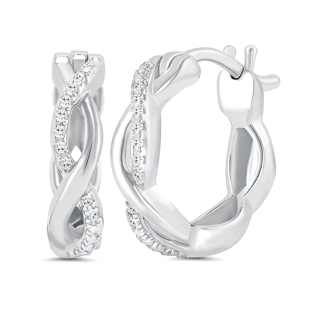 Infinity Diamond Huggie Twist Earrings in White Gold, 0.05 cttw