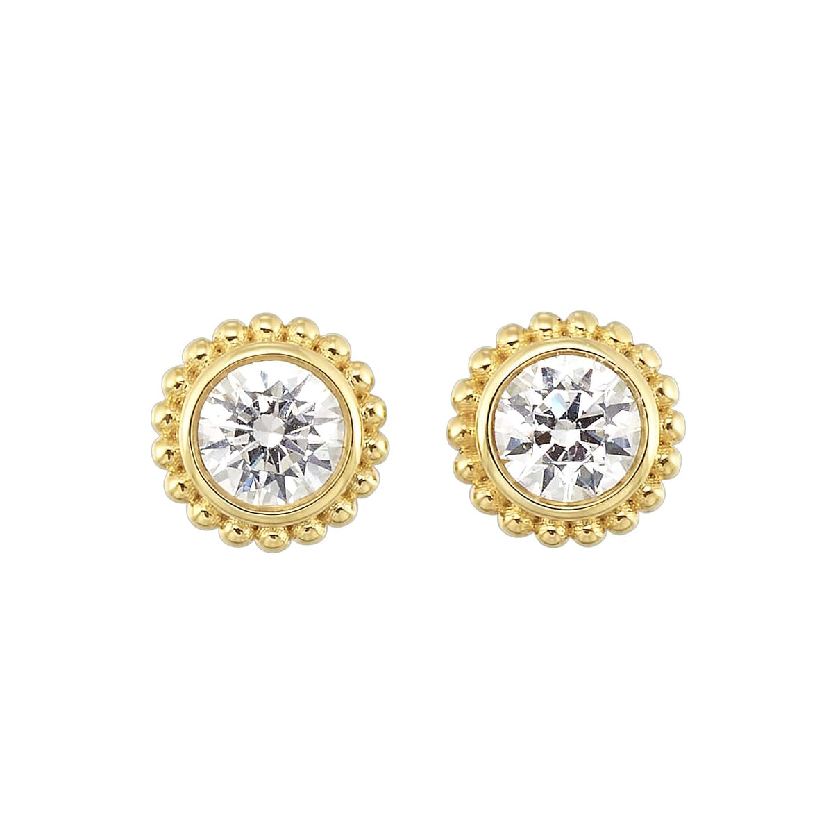 Round Lab-Created Diamond Beaded Halo Stud Earrings in Yellow Gold, 0.50 cttw