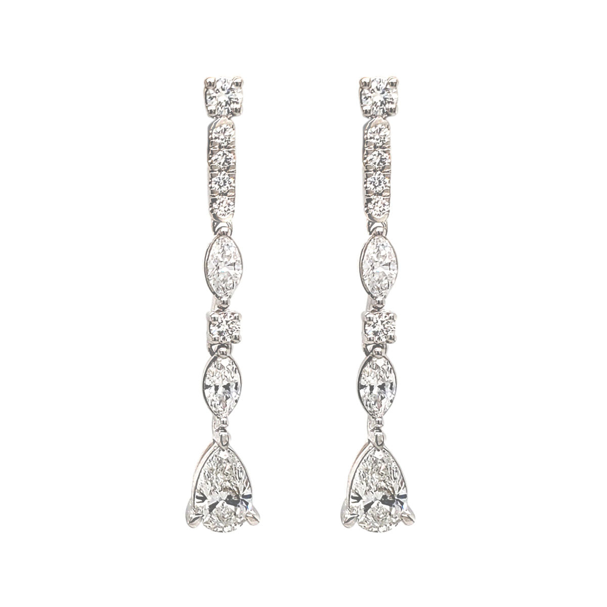 Geometric Lab-Created Diamond Round Marquise Shaped Dangle Drop Line Earrings in White Gold, 1.50 cttw