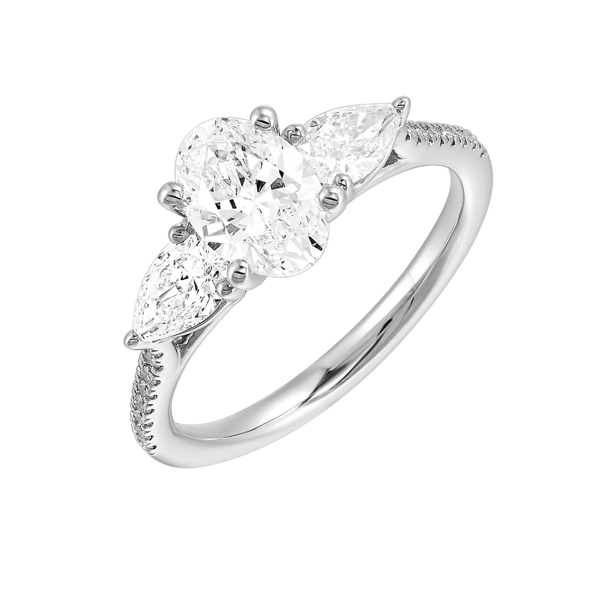 Three Stone Oval and Pear-Shaped Diamond Pave Engagement in White Gold, 1.56 cttw
