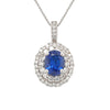 Oval Sapphire Double Diamond Halo Pendant Necklace in White Gold