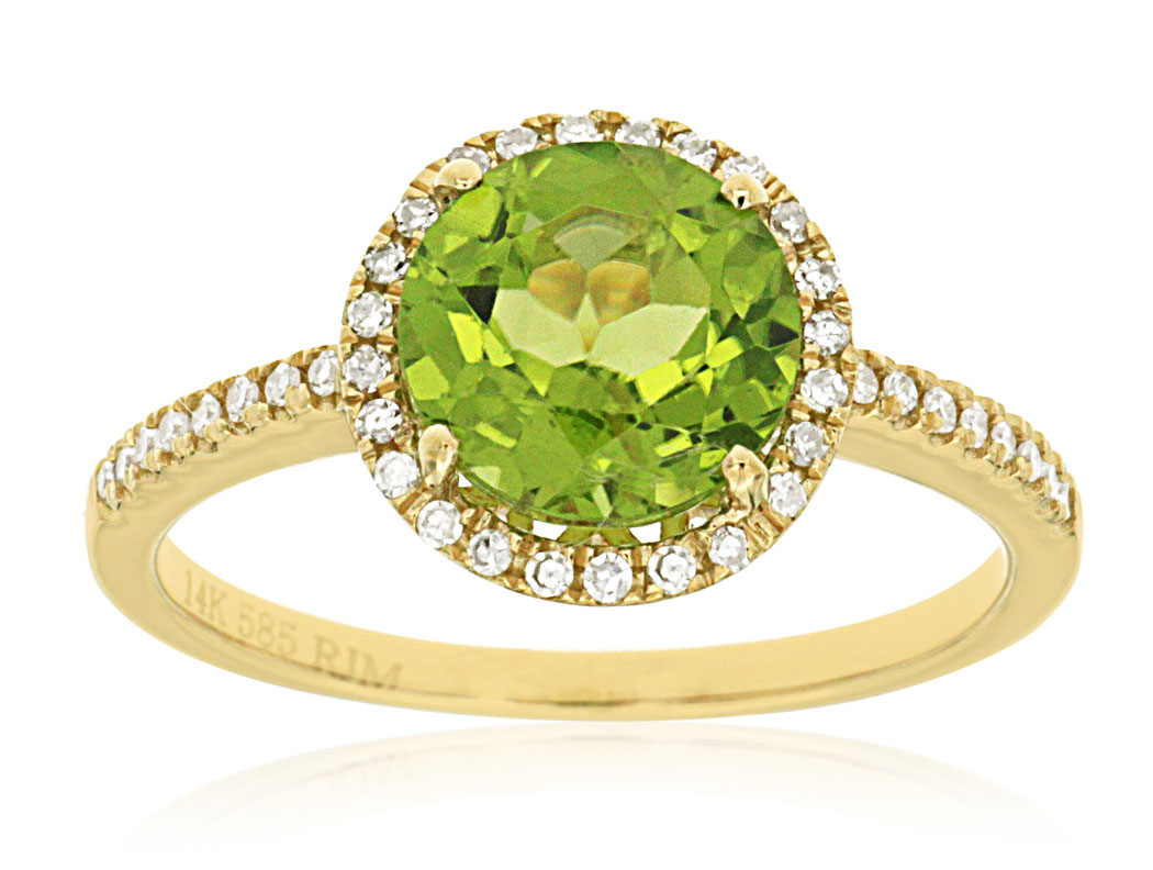 Round 8mm Peridot and Diamond Halo Pave Ring in 14k Yellow Gold