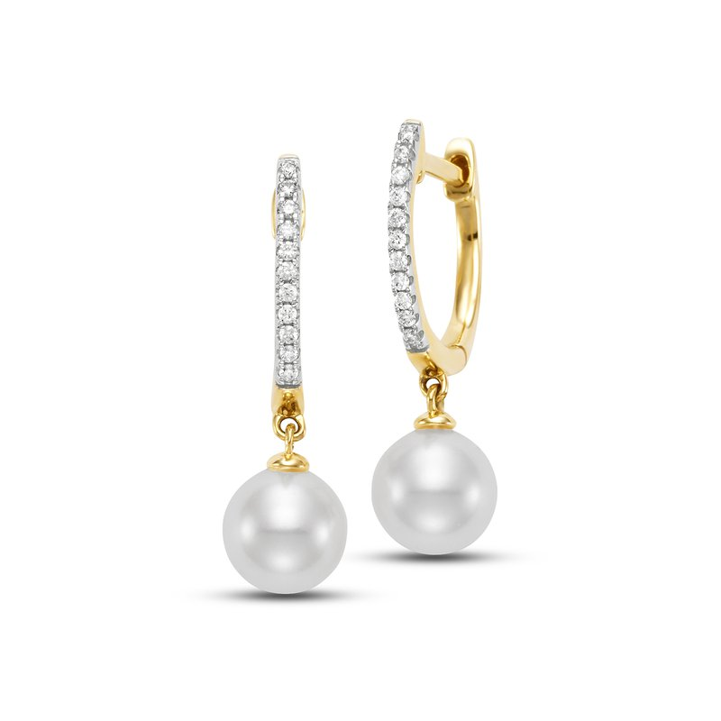 Diamond and Freshwater Pearl Huggie Dangle Earrings in 14k Yellow Gold