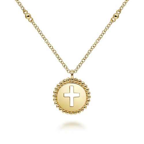 Round Cut-Out Cross Bujukan Bead Pendant Necklace in Yellow Gold