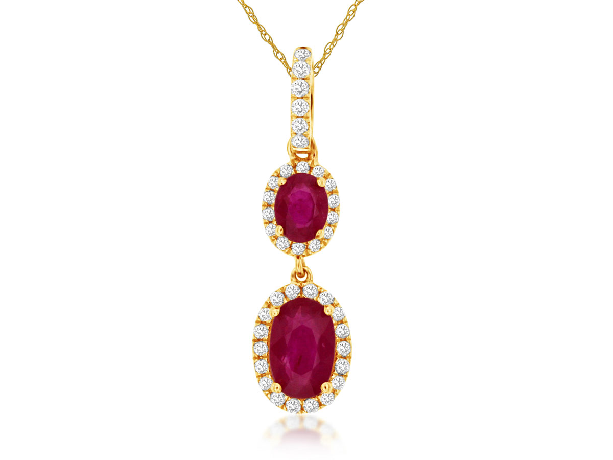 Double Oval Ruby Diamond Halo Dangle Pendant Necklace in 14k Yellow Gold