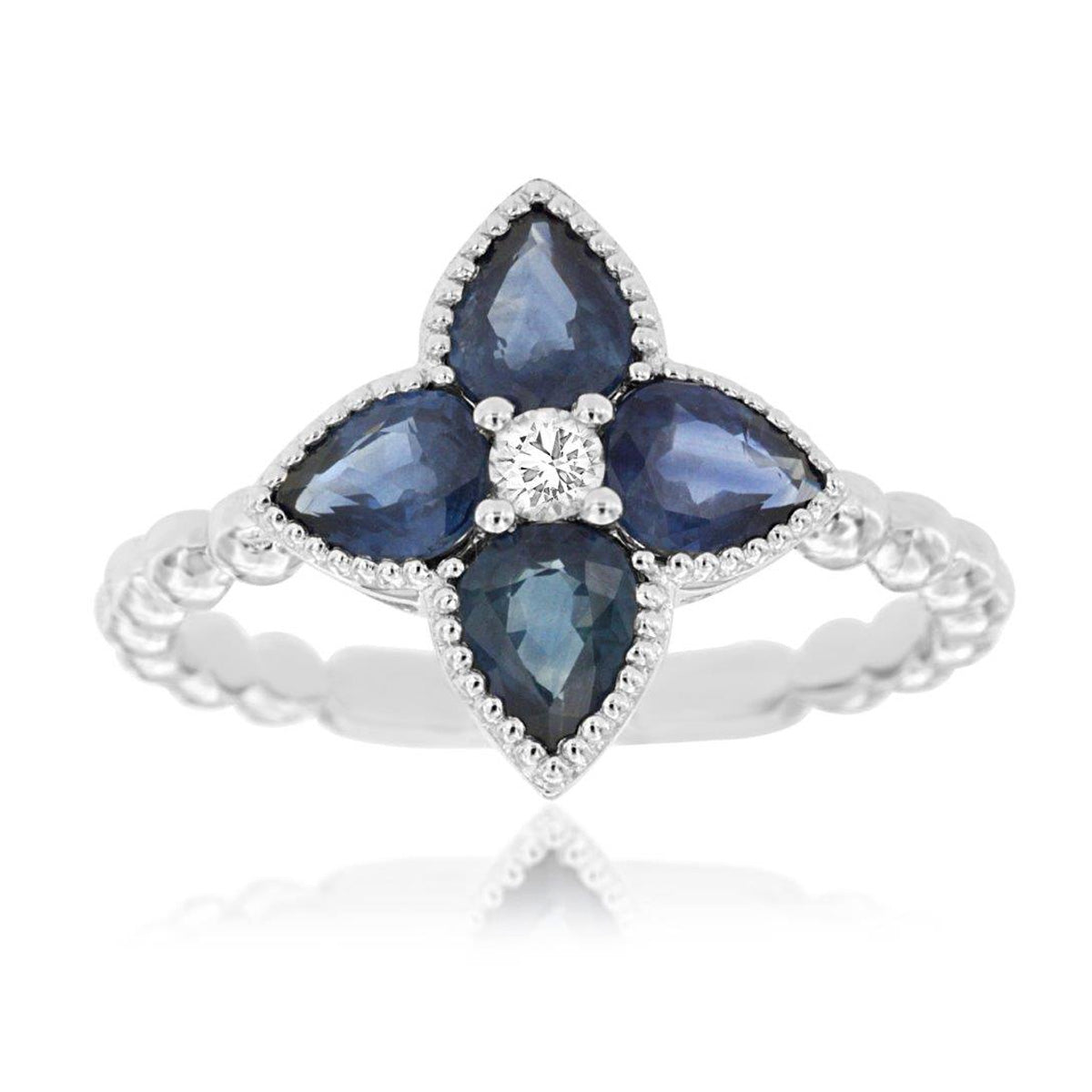 Pear-Shaped Sapphire and Diamond Milgrain Floral Ring in White Gold