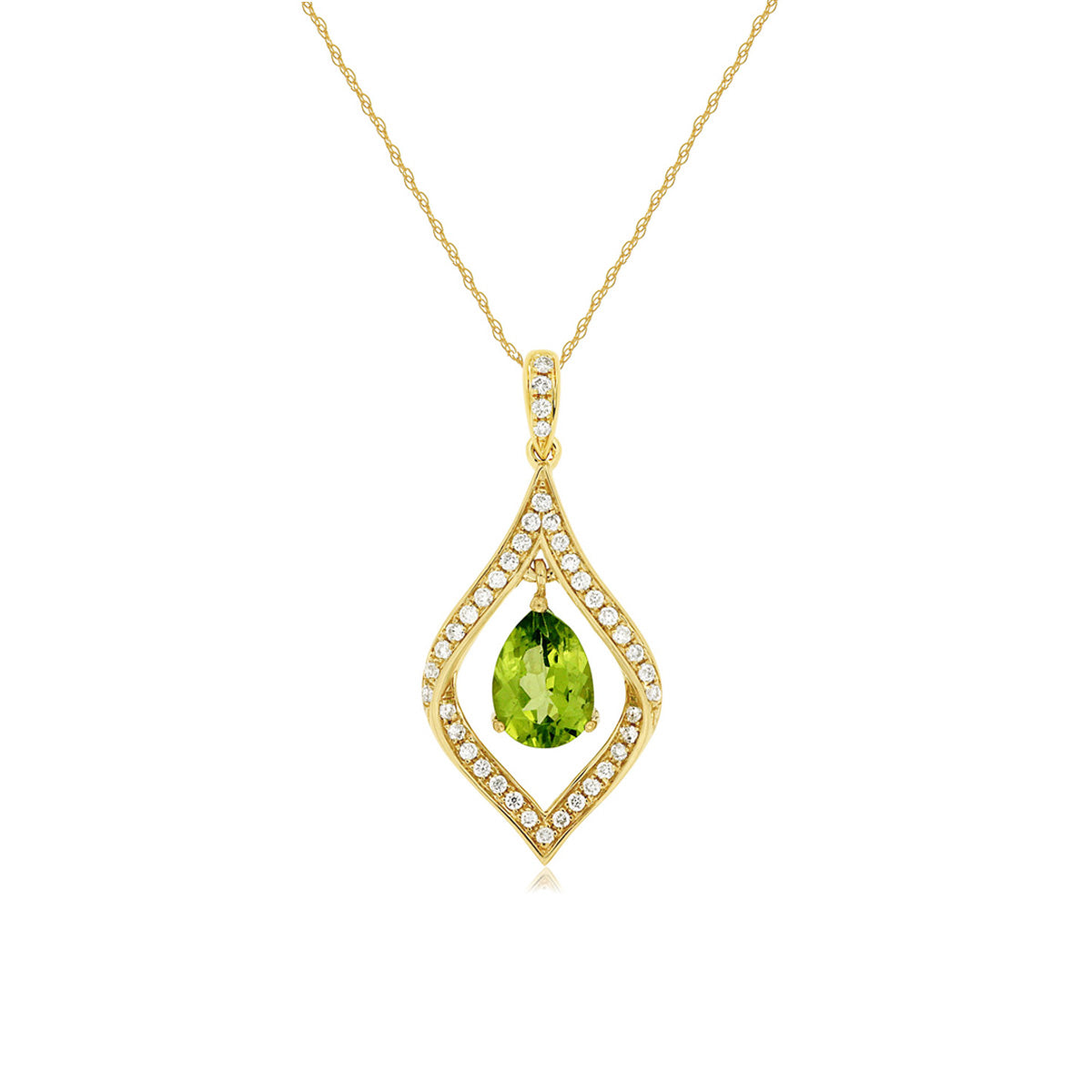 Pear Shaped Peridot and Diamond Twisted Halo Pendant Necklace in Yellow Gold