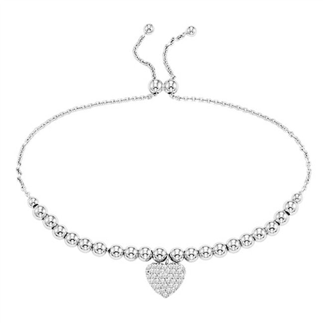 Heart Shaped Cubic Zirconia Silver Beaded Bolo Bracelet