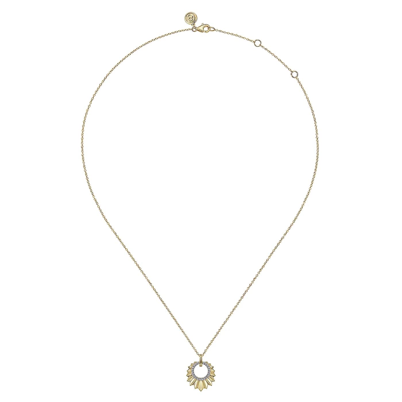 Leaf Shaped Diamond Circle Pendant Necklace in Yellow Gold, 0.11 cttw