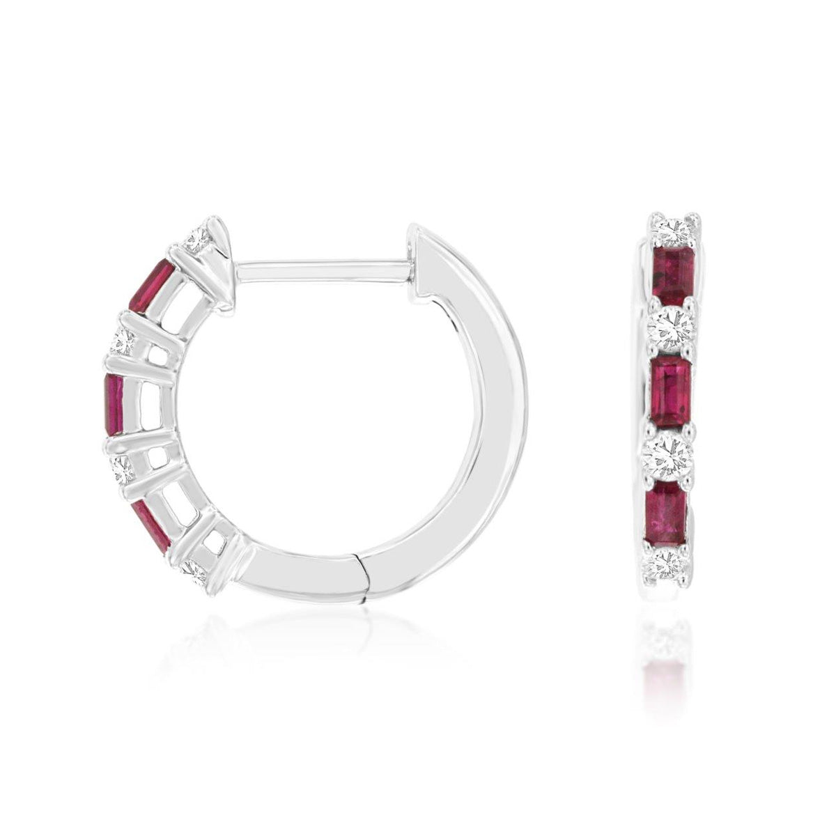 Ruby Baguette and Round Diamond Huggie Hoop Earrings in White Gold