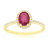 Natural Red Oval Ruby Diamond Halo Pave Band Ring in Yellow Gold