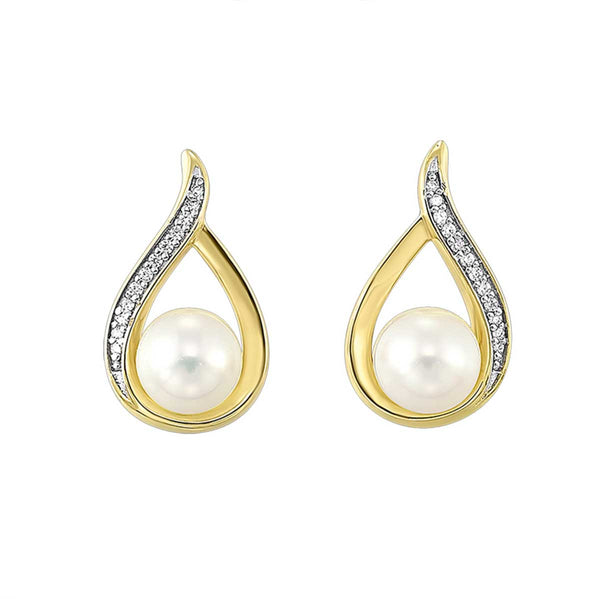 Teardrop Pearl and Diamond Pave Stud Earrings in Yellow Gold