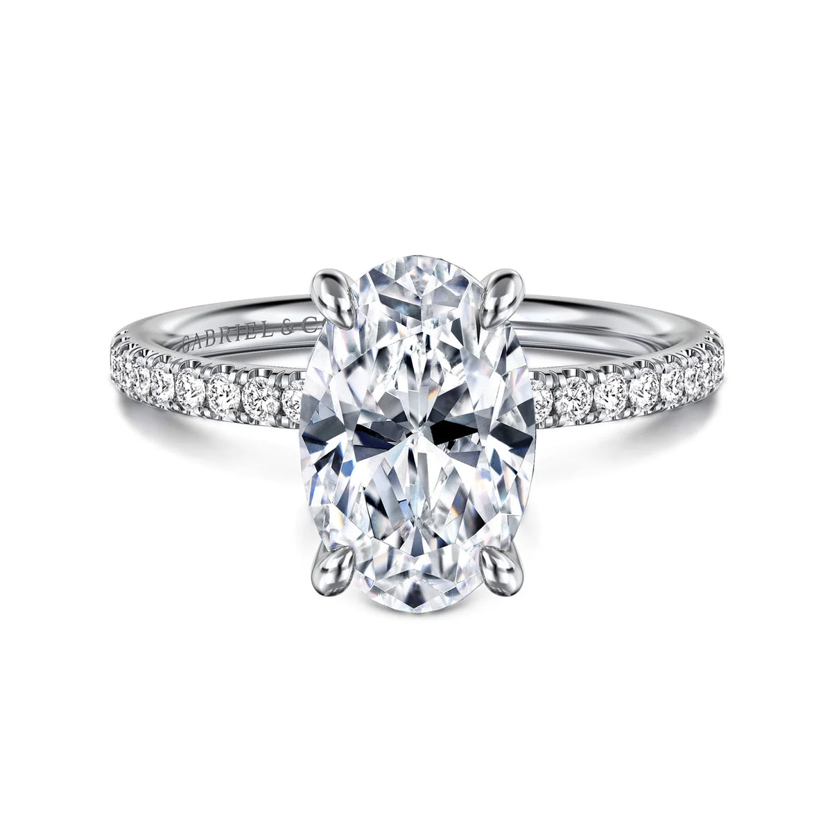 Twain Prong Set Oval Diamond Pave Engagement Ring Setting in Yellow Gold, 0.20 cttw