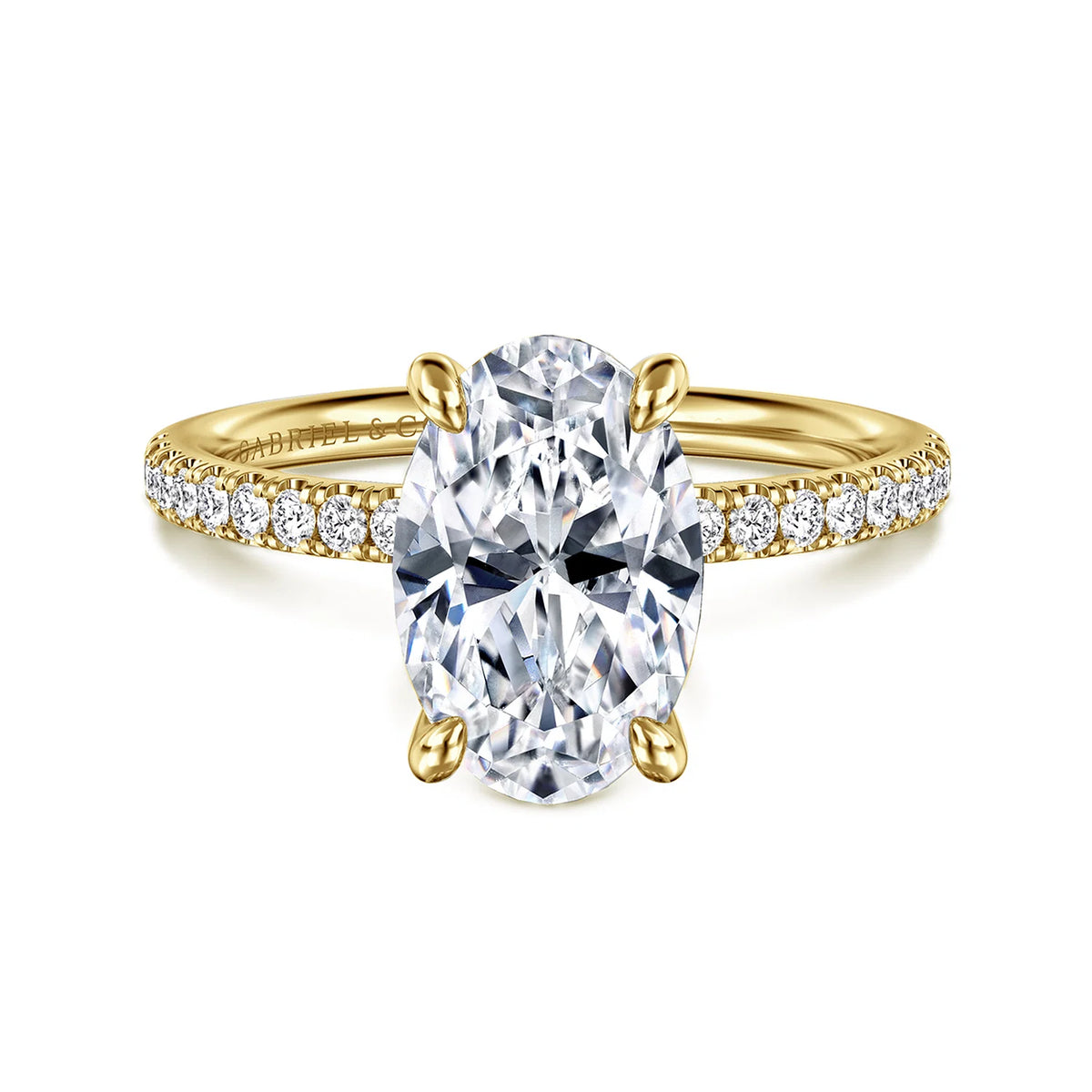 Twain Prong Set Oval Diamond Pave Engagement Ring Setting in Yellow Gold, 0.20 cttw