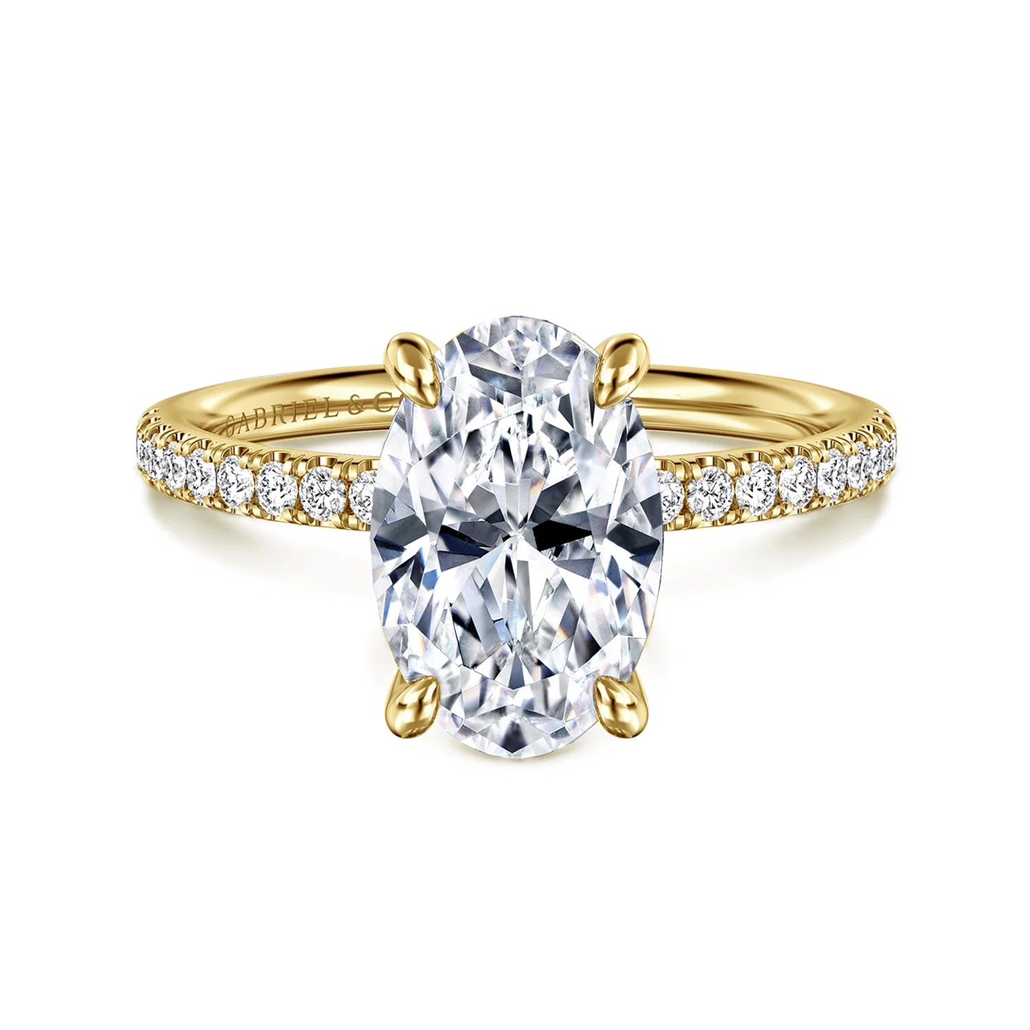 Twain Prong Set Oval Diamond Pave Engagement Ring Setting in Yellow Gold, 0.20 cttw